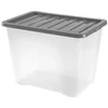 Kép 1/2 - Heidrun Quasar átlátszó tároló doboz 80 literes, 60x40x43 cm méretben, műanyag tetővel, nagyméretű praktikus műanyag tárolódoboz otthonra és irodába