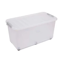 Heidrun Clipbox átlátszó tároló doboz 100 literes, 80x40x40 cm méretben, gurulós clippes tetővel, extra nagy műanyag tárolódoboz háztartási és irodai használatra