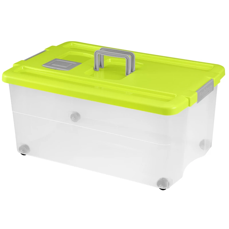 Heidrun Boxmania tároló doboz – 55 literes, 60x40x28,5 cm, átlátszó műanyag gurulós tárolódoboz clippes tetővel, praktikus és biztonságos rendszerezéshez