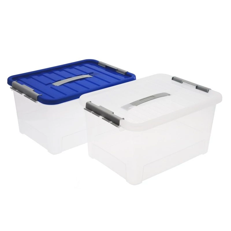 Heidrun Clipbox átlátszó tároló doboz 25 literes, 44x31x23 cm méretben, fogantyúval és Clippes tetővel, erős műanyag tárolódoboz