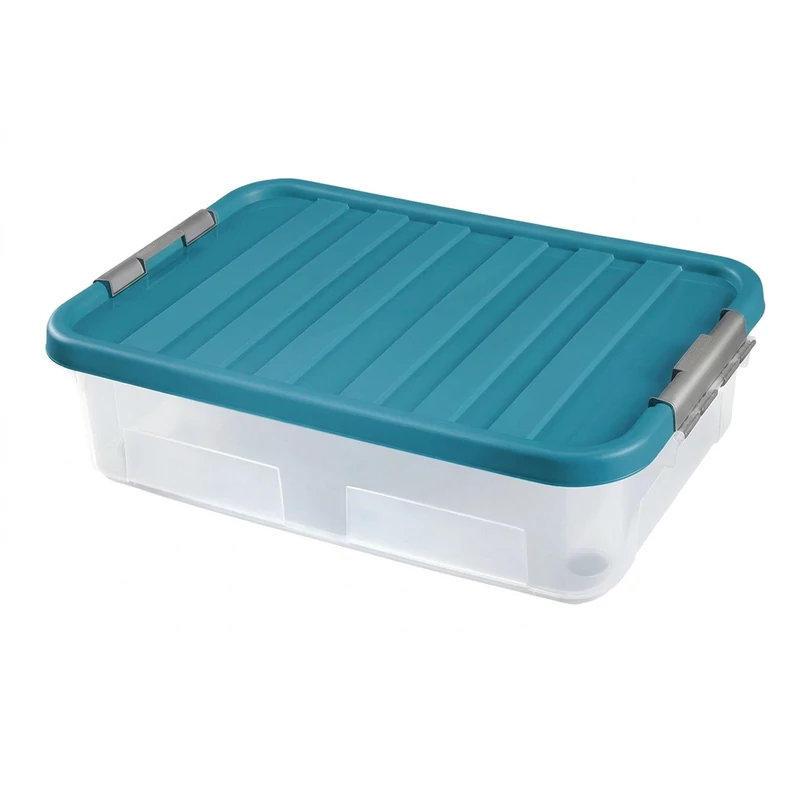 Heidrun Clipbox átlátszó tároló doboz 30 literes, 60x40x18 cm méretben, gurulós kivitelben clippes tetővel, praktikus műanyag doboz tároláshoz és rendszerezéshez