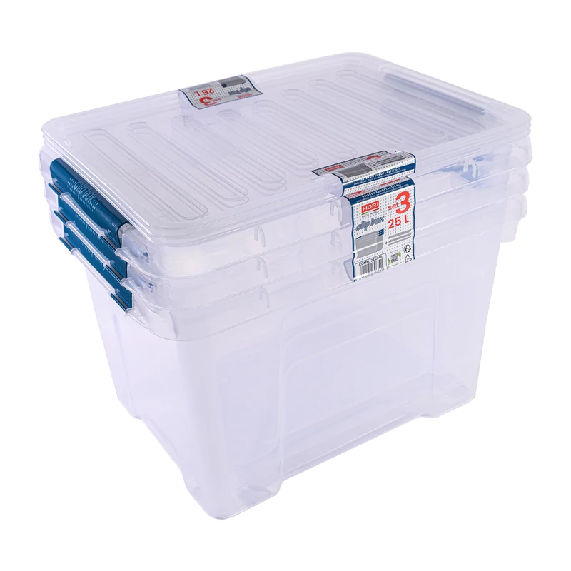 Heidrun Clipbox Lite átlátszó tároló doboz szett, 3 x 25 literes, 43x32x27 cm méretben, Clippes tetővel, praktikus műanyag tárolódoboz készlet