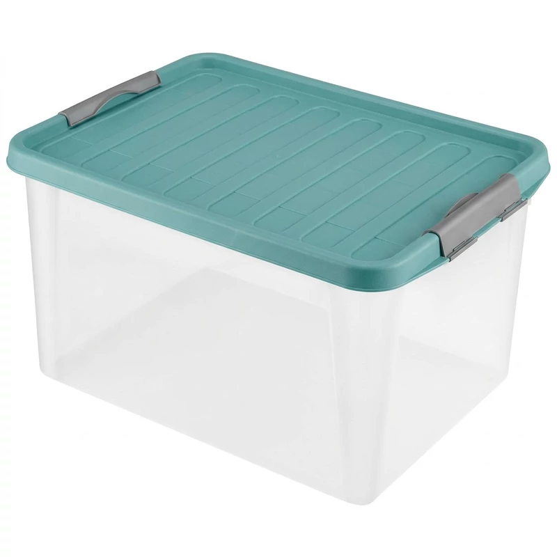 Heidrun Clipbox Lite tároló doboz – 31 literes, 48x35x25 cm, átlátszó műanyag doboz clippes záródással ruhák, játékok vagy háztartási kellékek rendszerezéséhez