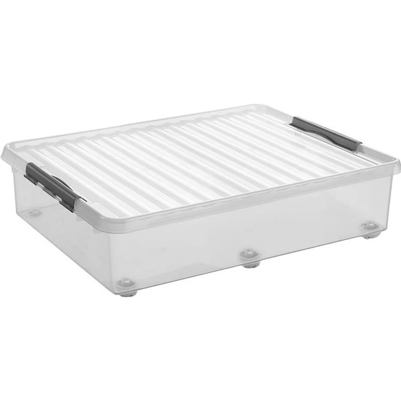 Heidrun Clipbox Lite tároló doboz – 45 literes, 52x36,5x34 cm, átlátszó gurulós műanyag doboz clippes tetővel, praktikus megoldás háztartási tároláshoz