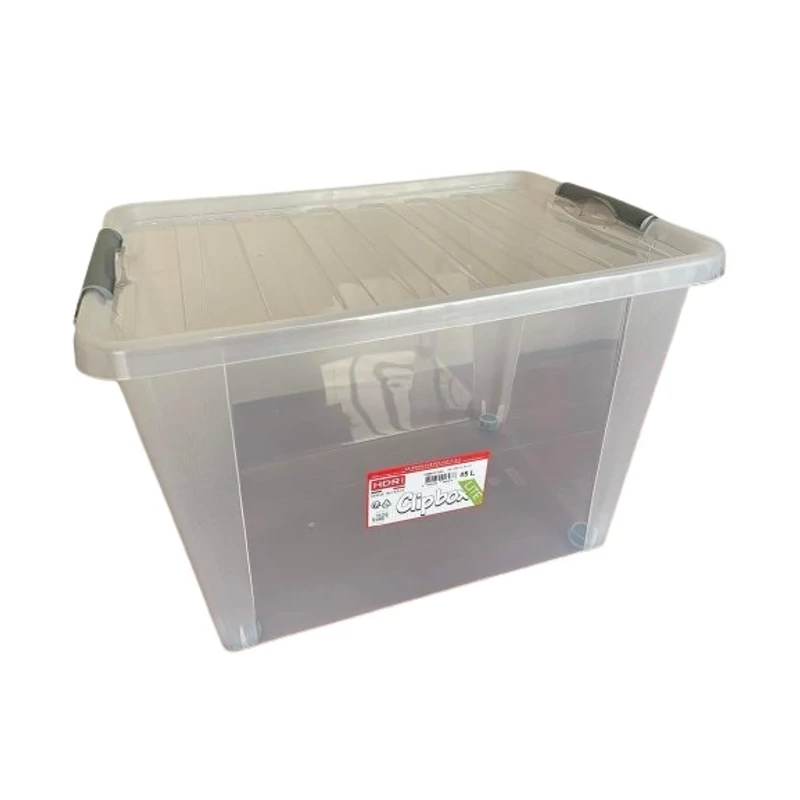 Heidrun Clipbox Lite tároló doboz – 45 literes, 52x36,5x34 cm, átlátszó gurulós műanyag doboz clippes tetővel, praktikus megoldás háztartási tároláshoz