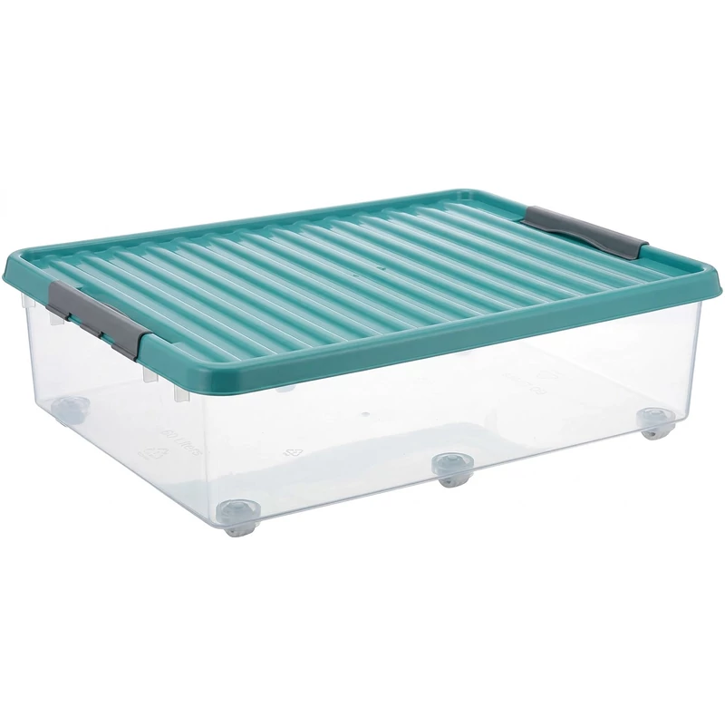 Heidrun Clipbox Lite tároló doboz – 38 literes, 80 x 38 x 18 cm, átlátszó gurulós műanyag doboz clippes tetővel, praktikus megoldás háztartási tároláshoz