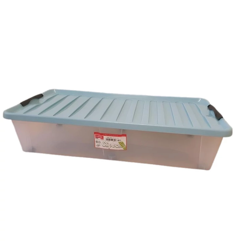 Heidrun Clipbox Lite tároló doboz – 45 literes, 52x36,5x34 cm, átlátszó gurulós műanyag doboz clippes tetővel, praktikus megoldás háztartási tároláshoz-kék