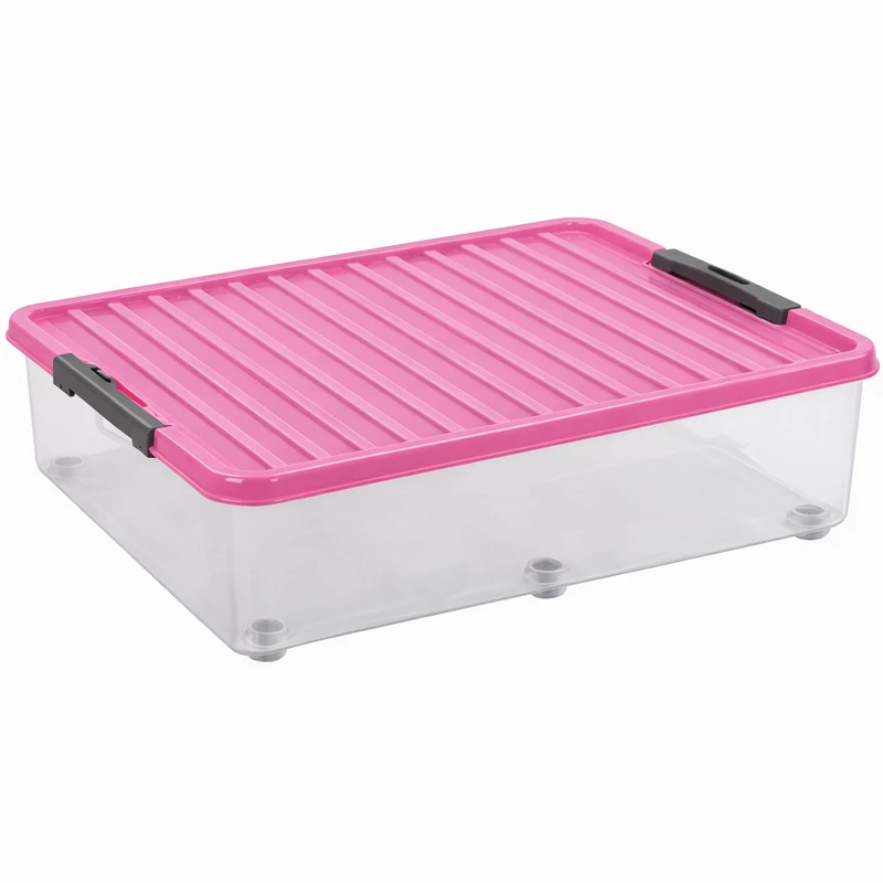 Heidrun Clipbox Lite tároló doboz – 38 literes, 80 x 38 x 18 cm, átlátszó gurulós műanyag doboz clippes tetővel, praktikus megoldás háztartási tároláshoz-pink