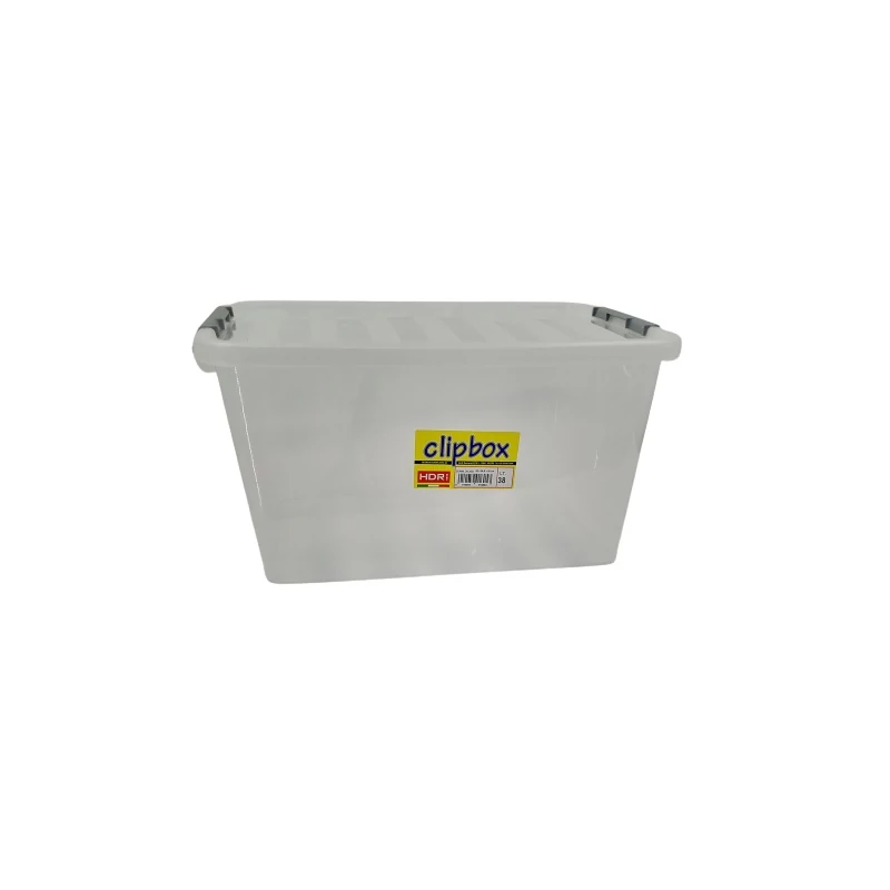Heidrun Clipbox tároló doboz clippes tetővel – 38 literes, 52x36,5x26 cm, átlátszó műanyag tárolódoboz fedéllel, nagyméretű tárolásra alkalmas háztartási vagy irodai használatra