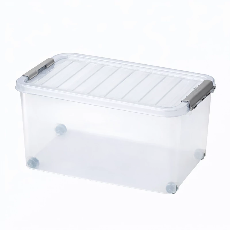 Heidrun Clipbox tároló doboz gurulós clippes tetővel – 45 literes, 52x36,5x34 cm, átlátszó műanyag tárolódoboz kerekekkel és fedéllel, ideális nagyobb tárgyak rendszerezésére és mozgatására-2