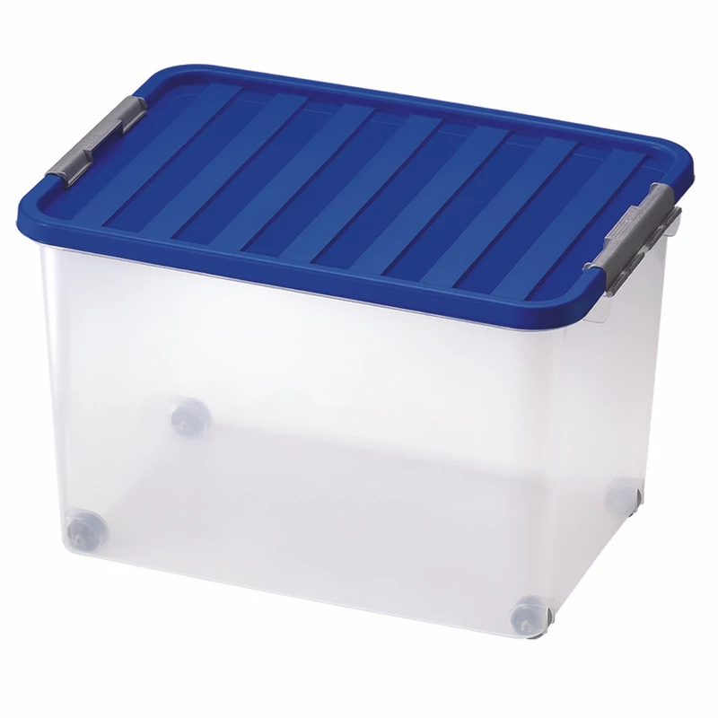 Heidrun Clipbox tároló doboz gurulós clippes tetővel – 45 literes, 52x36,5x34 cm, átlátszó műanyag tárolódoboz kerekekkel és fedéllel, ideális nagyobb tárgyak rendszerezésére és mozgatására