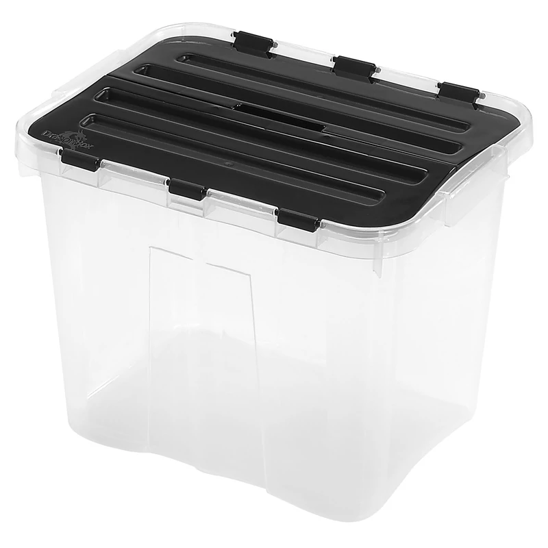 Heidrun Dragon Box átlátszó tároló doboz 10 literes, 33x23x20 cm méretben, Classic oldalra nyíló kivitelben, fekete tetővel, praktikus műanyag doboz