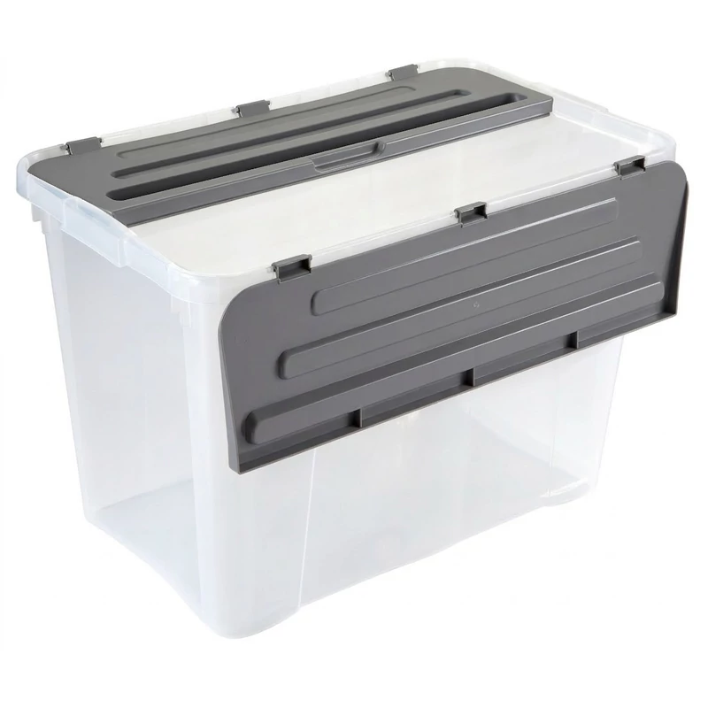 Heidrun Dragon Box átlátszó tároló doboz 60 literes, 59x36x40 cm méretben, Classic oldalra nyíló kivitelben, fekete tetővel, erős műanyag tárolódoboz