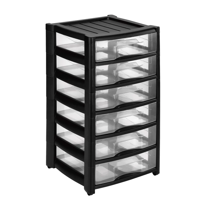 Heidrun Professional 6 fiókos átlátszó műanyag görgős tároló állvány fekete vázzal