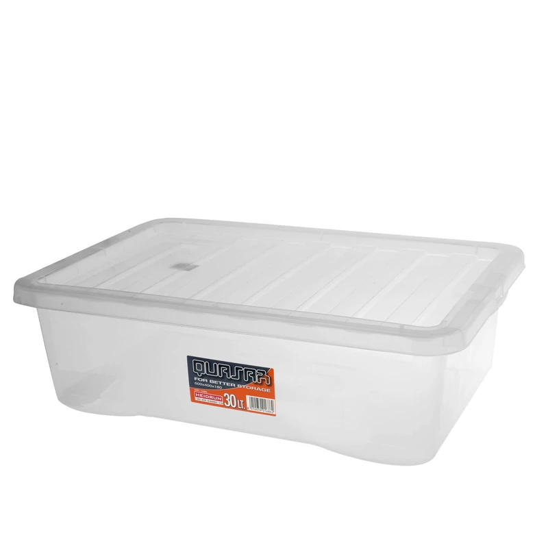 Heidrun Quasar átlátszó tároló doboz 30 literes, 60x40x18 cm méretben, műanyag tetővel, praktikus és strapabíró tárolódoboz otthoni és irodai használatra