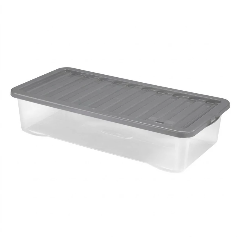 Heidrun Quasar átlátszó tároló doboz 40 literes, 80x40x18 cm méretben, műanyag tetővel, praktikus és lapos kialakítású műanyag tárolódoboz