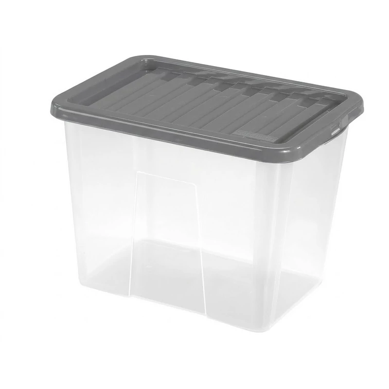 Heidrun Quasar átlátszó tároló doboz 60 literes, 60x40x30 cm méretben, tetővel ellátott nagyméretű műanyag doboz tároláshoz és rendszerezéshez