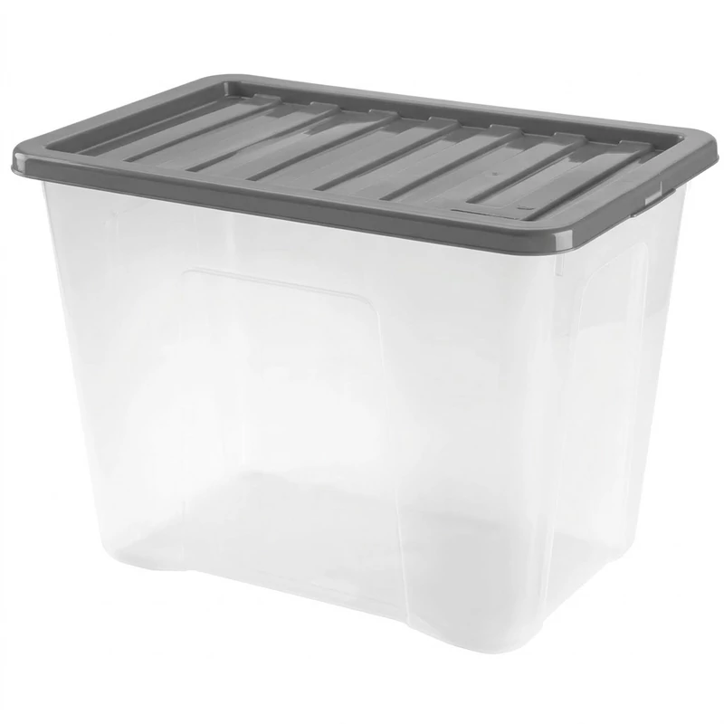 Heidrun Quasar átlátszó tároló doboz 80 literes, 60x40x43 cm méretben, műanyag tetővel, nagyméretű praktikus műanyag tárolódoboz otthonra és irodába