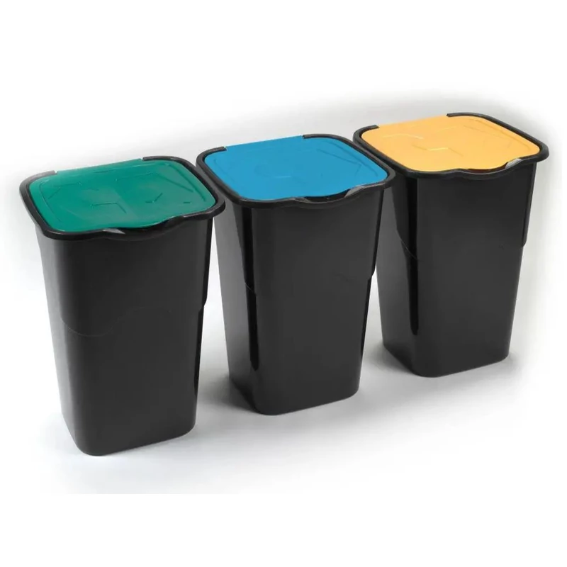 Heidrun szelektív szemetes szett, 3 x 50 literes, 40x36,5x53,5 cm méretben, fekete kivitelben, praktikus hulladékválogató konyhába, irodába vagy közösségi terekbe-2