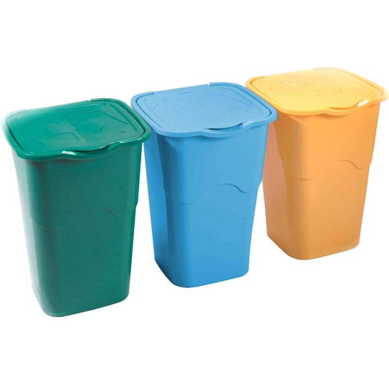 Heidrun szelektív szemetes szett, 3 x 50 literes, 40x36,5x53,5 cm méretben, színes tetőkkel a hulladék könnyű válogatásához, ideális konyhába, irodába vagy közösségi terekbe