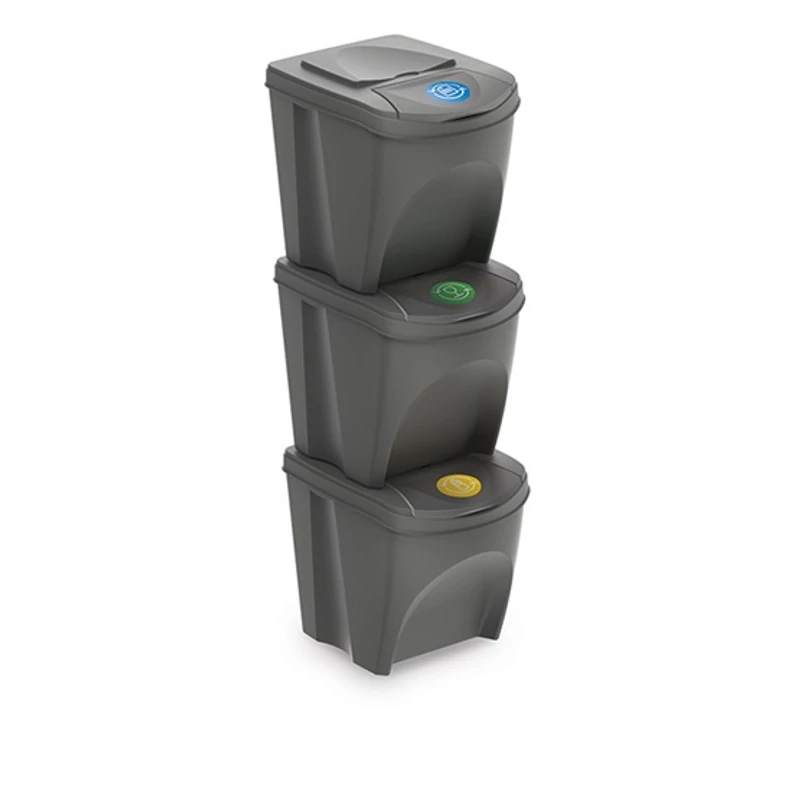 Prosperplast Sortibox szelektív hulladékgyűjtő – 3 x 25 literes szemetes, szürke, 29,3x39,2x33,5 cm