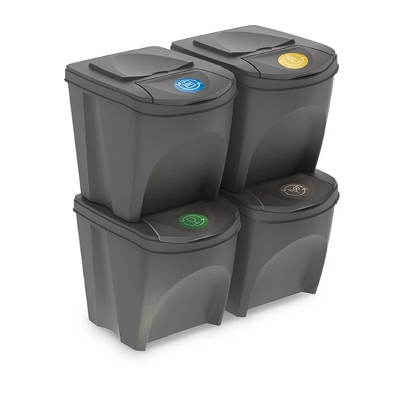 Prosperplast Sortibox szelektív hulladékgyűjtő – 4 x 25 literes szemetes, szürke, 29,3x39,2x33,5 cm