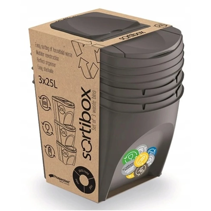 Prosperplast Sortibox szelektív hulladékgyűjtő – 3 x 25 literes szemetes, szürke, 29,3x39,2x33,5 cm-2