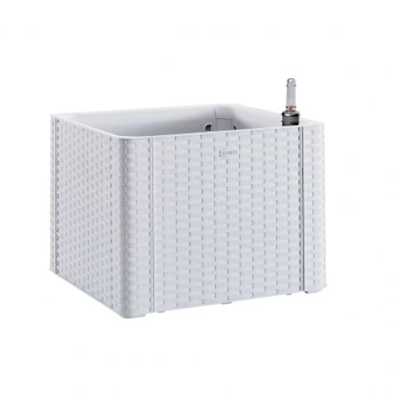 Stefanplast rattan virágláda 35 liter – 43x43x33 cm, öntözőrendszerrel és vízszintjelzővel, natural fehér színben