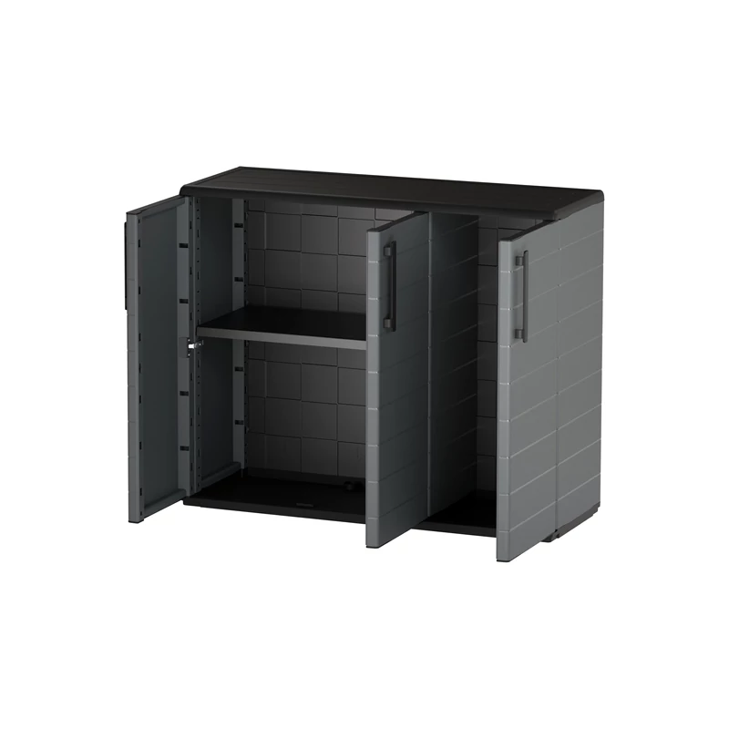 Polipropilén szekrény 3 ajtós alacsony kivitelben, szürke színben, acél zsanérokkal és polccal 1020x370x840 mm P101/B