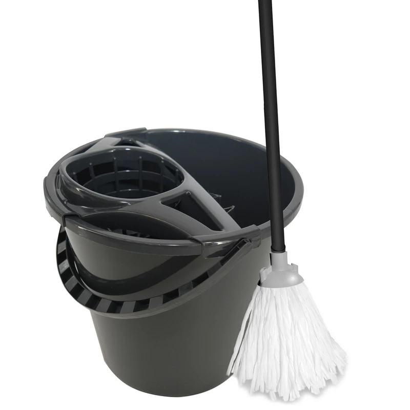 York mop szett 10 literes felmosó vödörrel csavarókosárral és 36x25x115 cm méretű mop felmosóval, Mix GREY kivitelben, praktikus padlótisztító szett