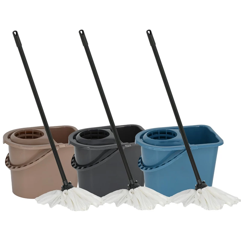 York mop szett 14 literes felmosó vödörrel csavarókosárral és 36x28x115 cm méretű mop felmosóval, NATURAL kivitelben, hatékony padlótisztító szett