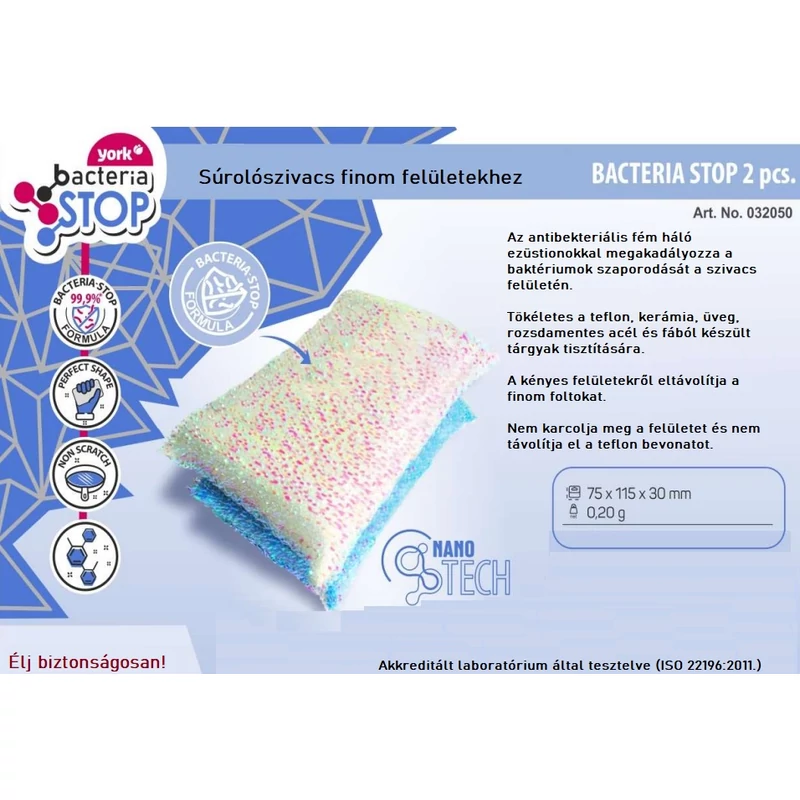 York mosogatószivacs dörzsi – Bacteria Stop, 2 darabos készlet, 11,5x7,5x3,0 cm, antibakteriális szivacs higiénikus mosogatáshoz-3