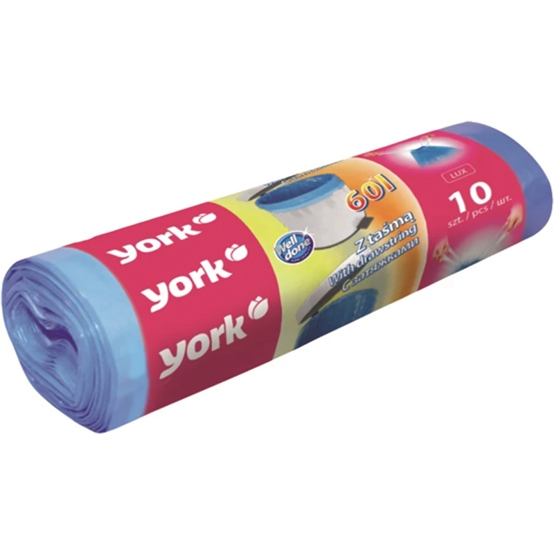 York szemeteszsák 60 literes, 64x59 cm méretben, 10 db-os kiszerelésben, húzózsinórral, erős és praktikus háztartási szemetes zsák